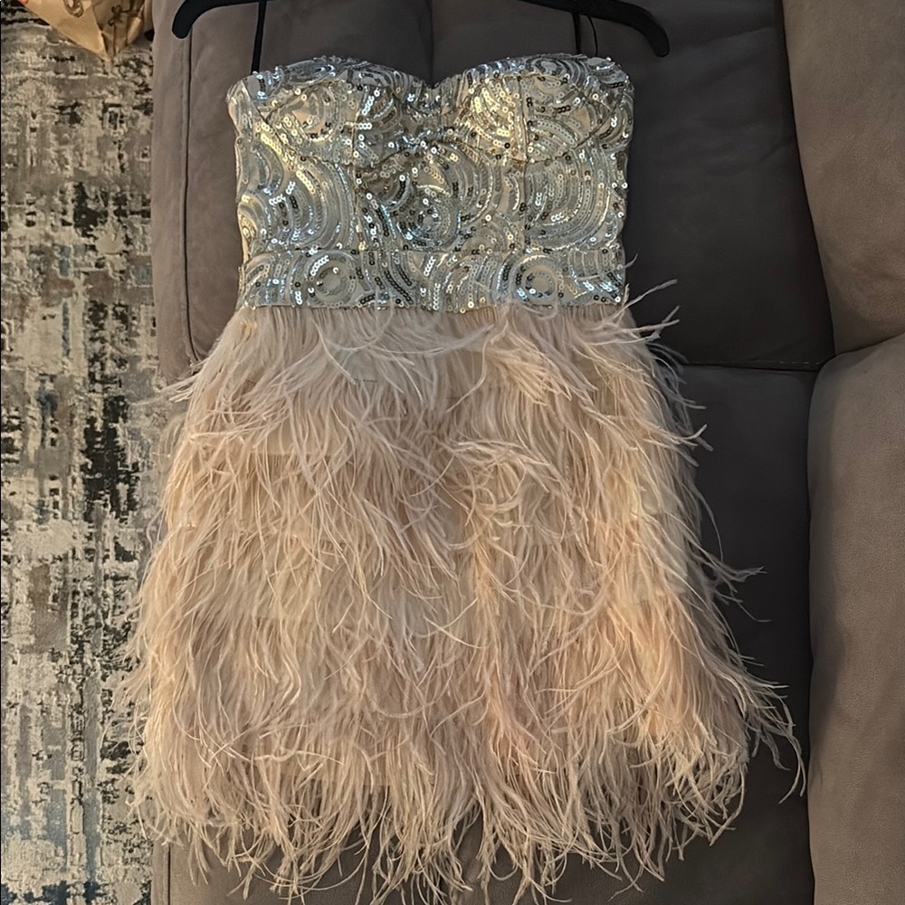 Sequin and Feather Strapless Dress